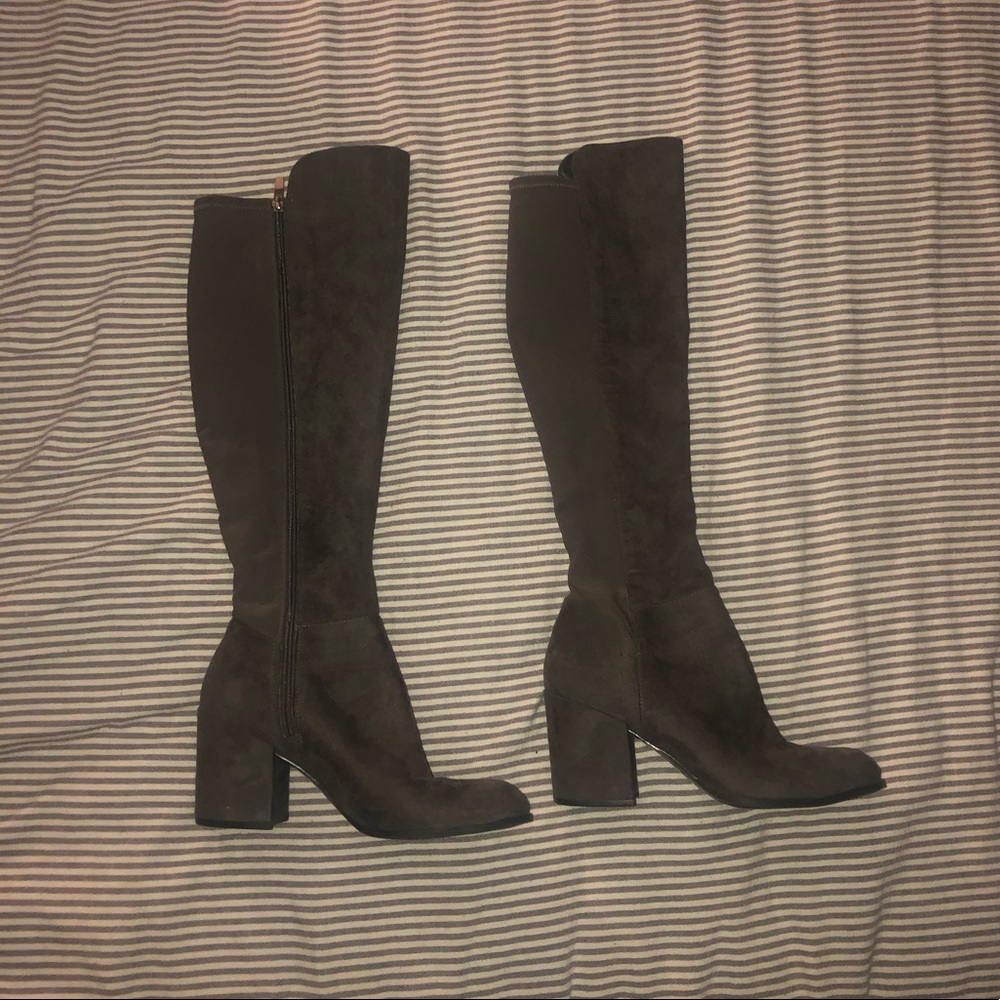 Grey suede heeled, knee high boots